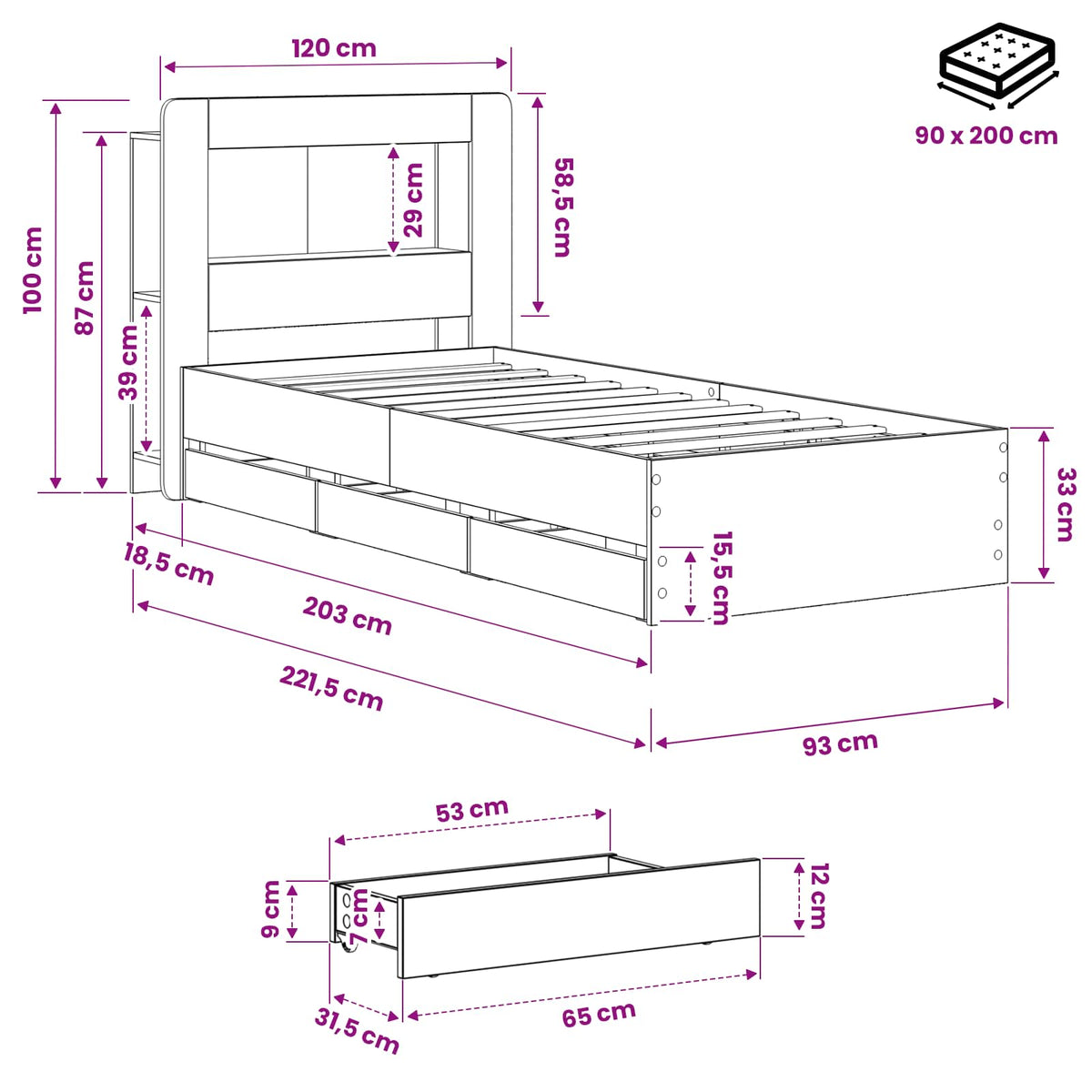 vidaXL Bed Frame with Storage and Headboard Artisan Oak 90 x 200 cm