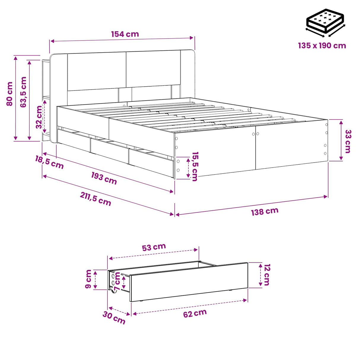 vidaXL Bed Frame with Storage and Headboard Artisan Oak 135 x 190 cm