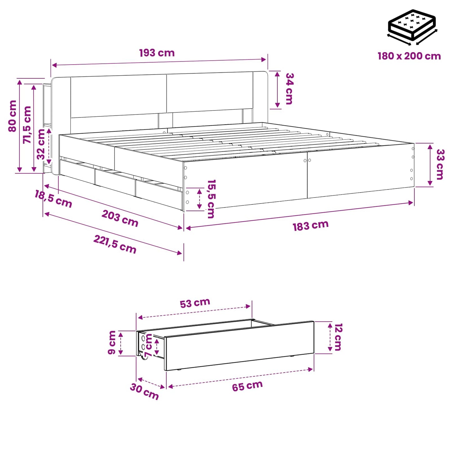 vidaXL Bed Frame with Storage and Headboard Artisan Oak 180 x 200 cm