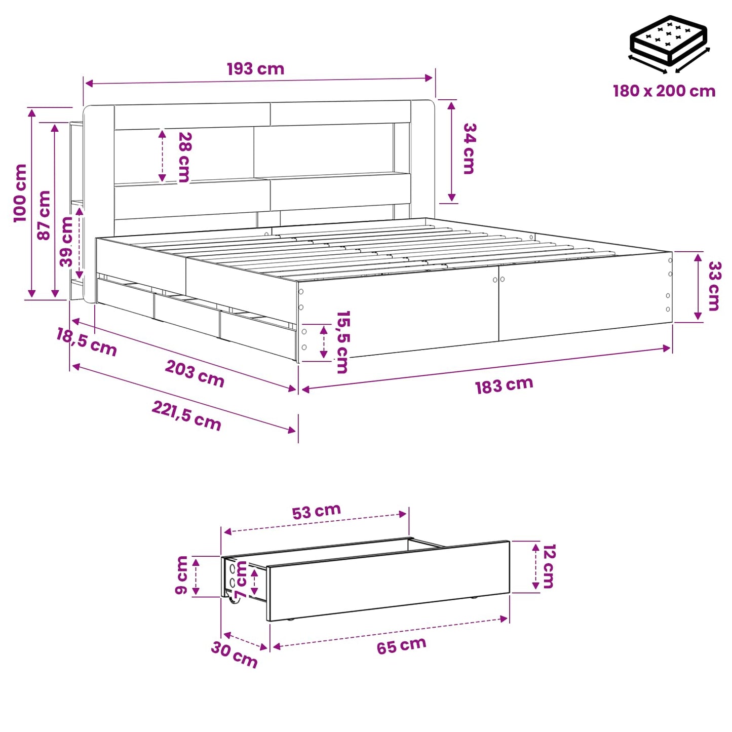 vidaXL Bed Frame with Storage and Headboard Artisan Oak 180 x 200 cm