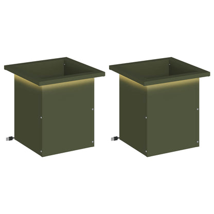 vidaXL Garden Planter with LED 2 pcs Olive Green 30 x 30 x 30 cm Steel