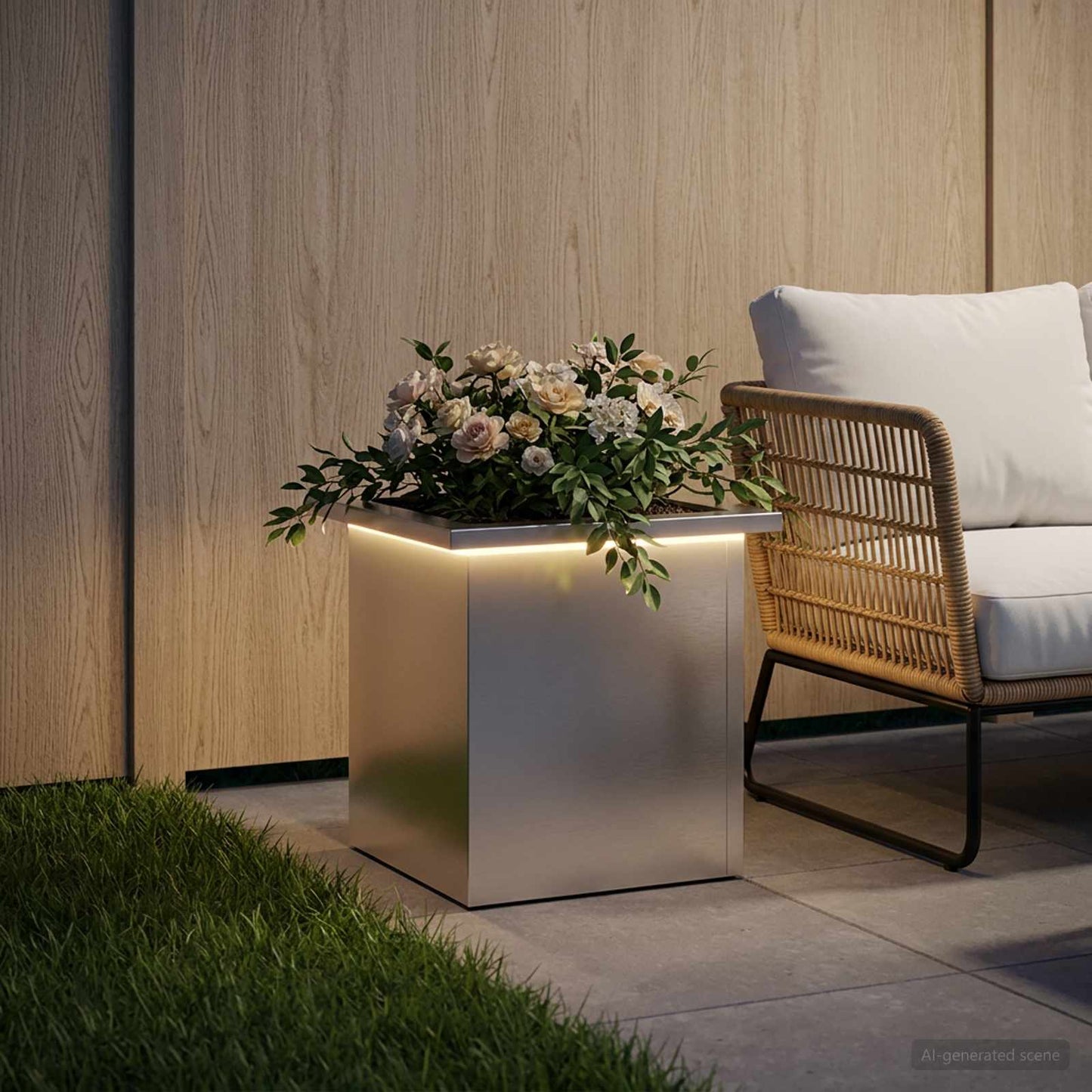 vidaXL Garden Planter with LED Silver 30 x 30 x 30 cm Galvanised Steel