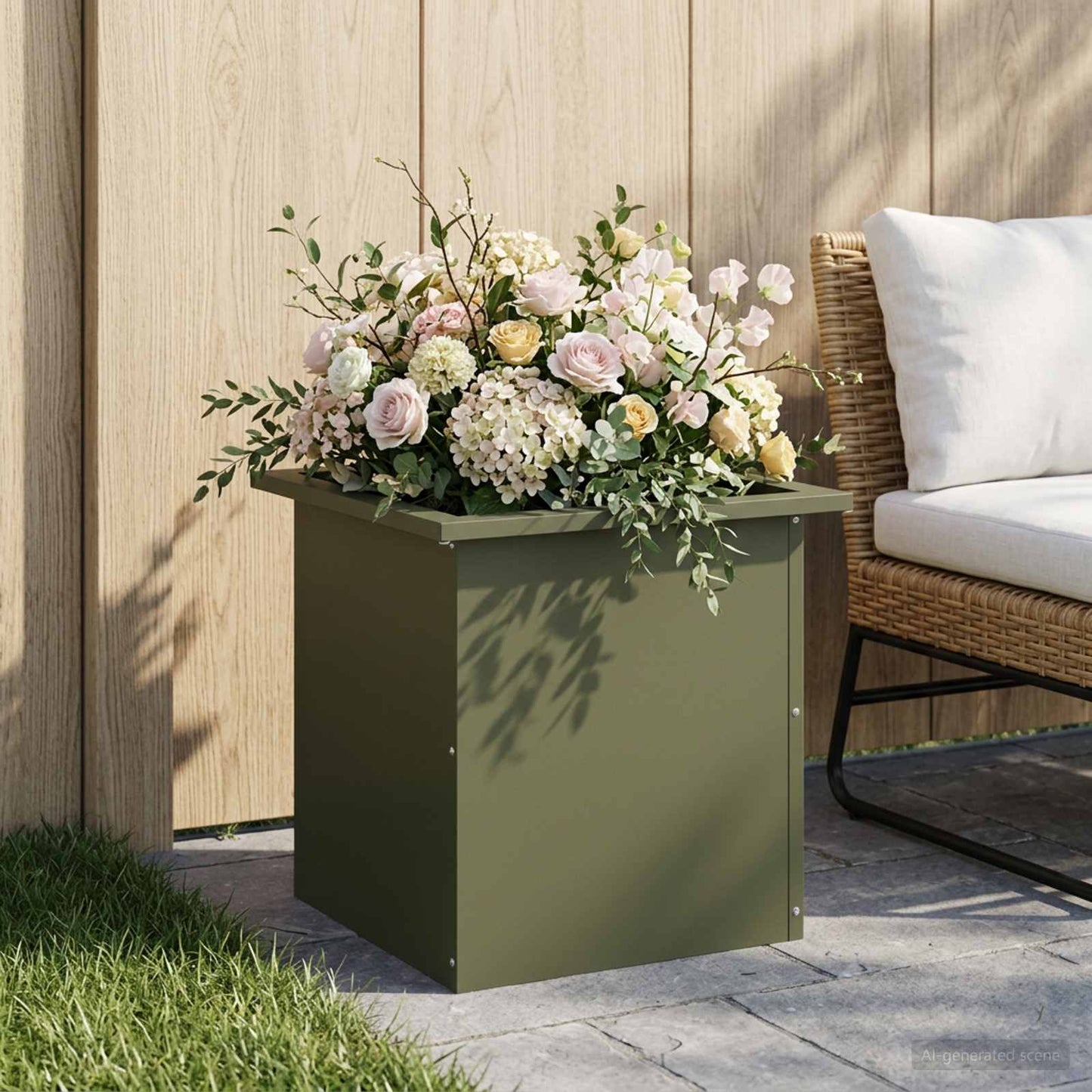 vidaXL Garden Planter with LED Olive Green 40 x 40 x 40 cm Steel