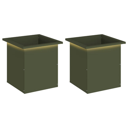 vidaXL Garden Planter with LED 2 pcs Olive Green 40 x 40 x 40 cm Steel