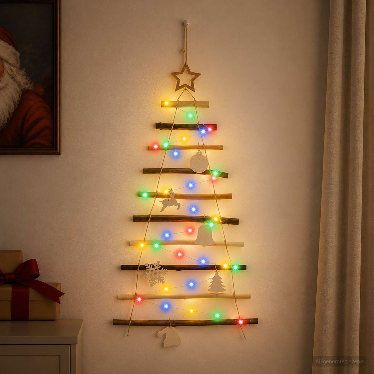 vidaXL Hanging Christmas Tree 90 cm 30 LEDs Multicolour Solid Ash Wood