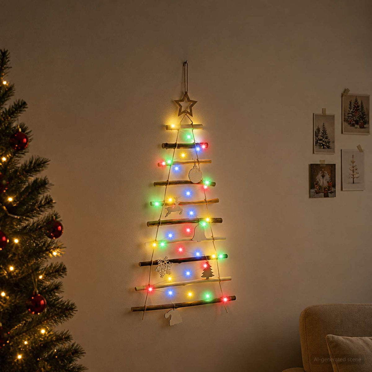 vidaXL Hanging Christmas Tree 90 cm 30 LEDs Multicolour Solid Ash Wood