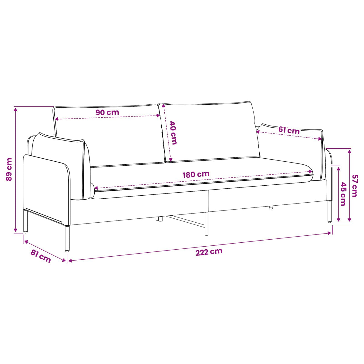 vidaXL 3-Seater Sofa Dark Grey 222 x 81 x 89 cm Fabric