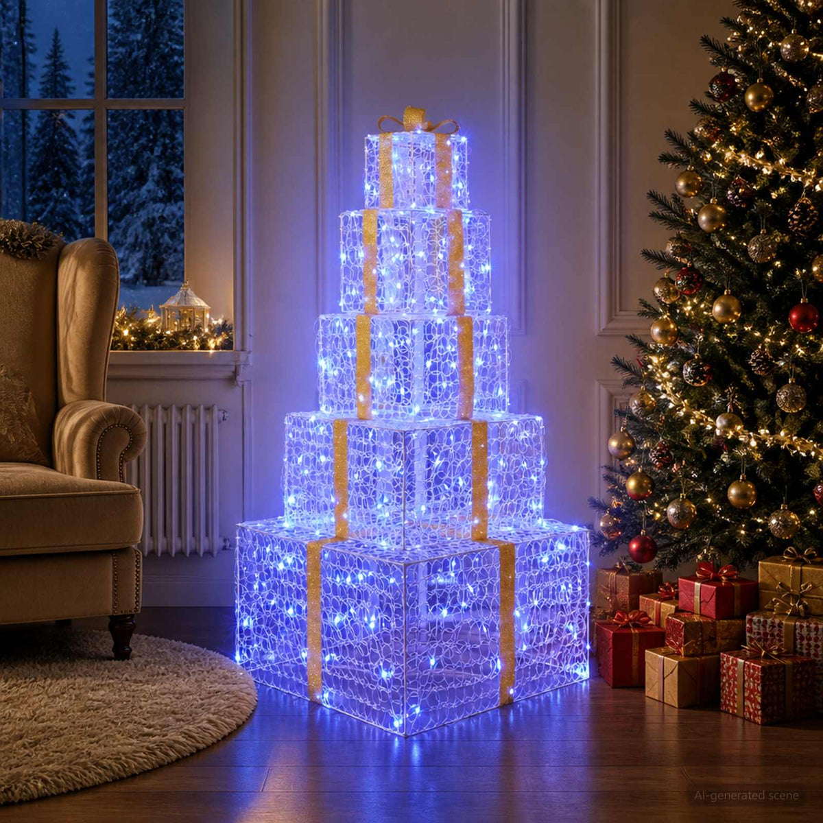 vidaXL Christmas LED Gift Box Stack 250 LEDs Blue 56 x 56 x 120 cm