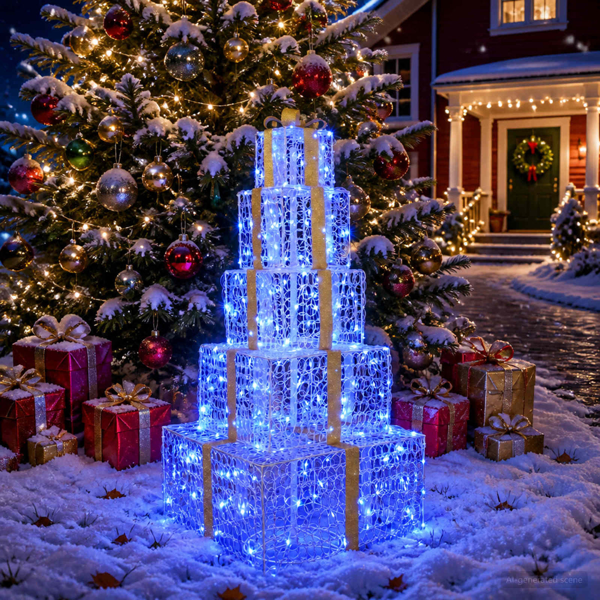 vidaXL Christmas LED Gift Box Stack 250 LEDs Blue 56 x 56 x 120 cm