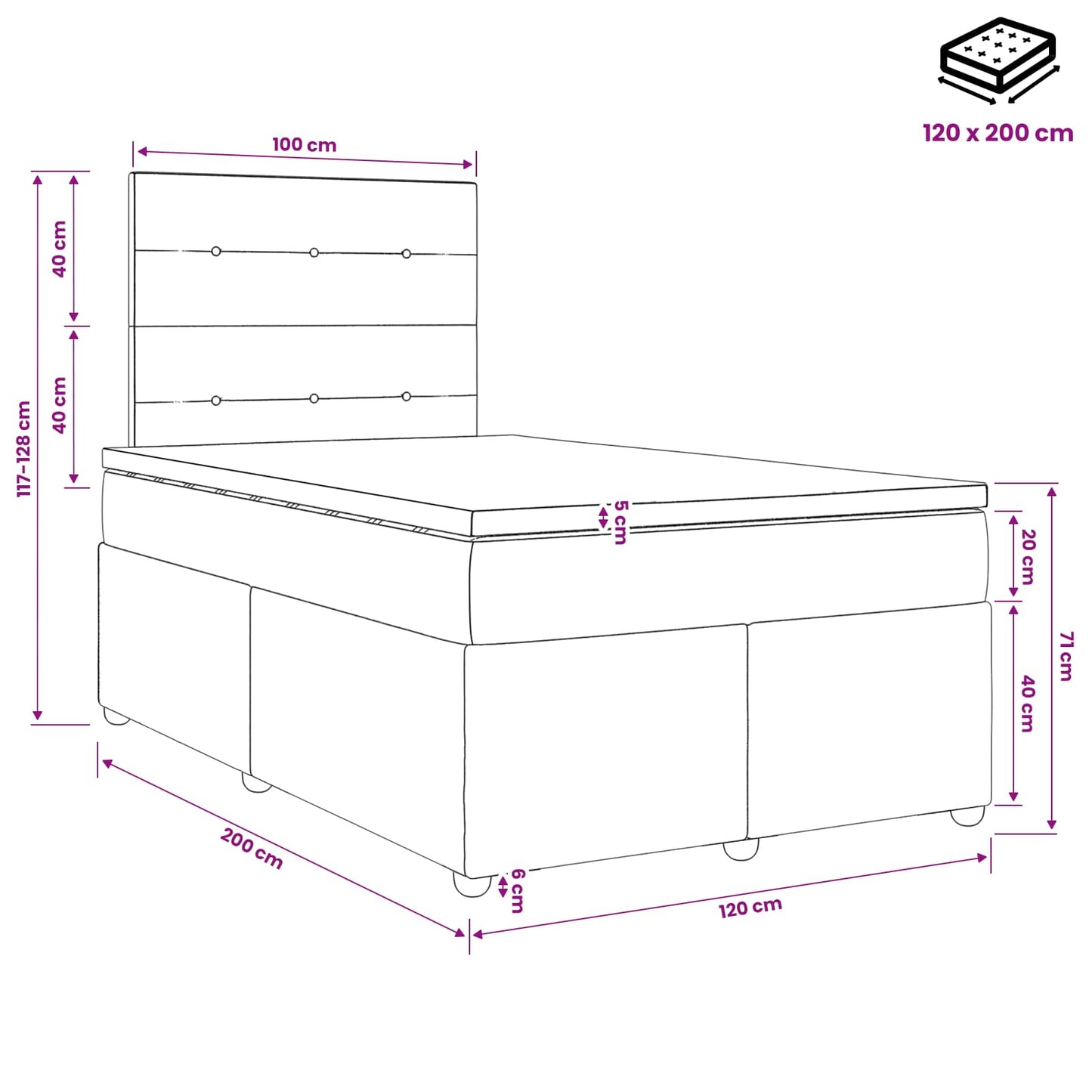 vidaXL LED Box Spring Bed with Mattress Pink 120 x 200 cm Velvet