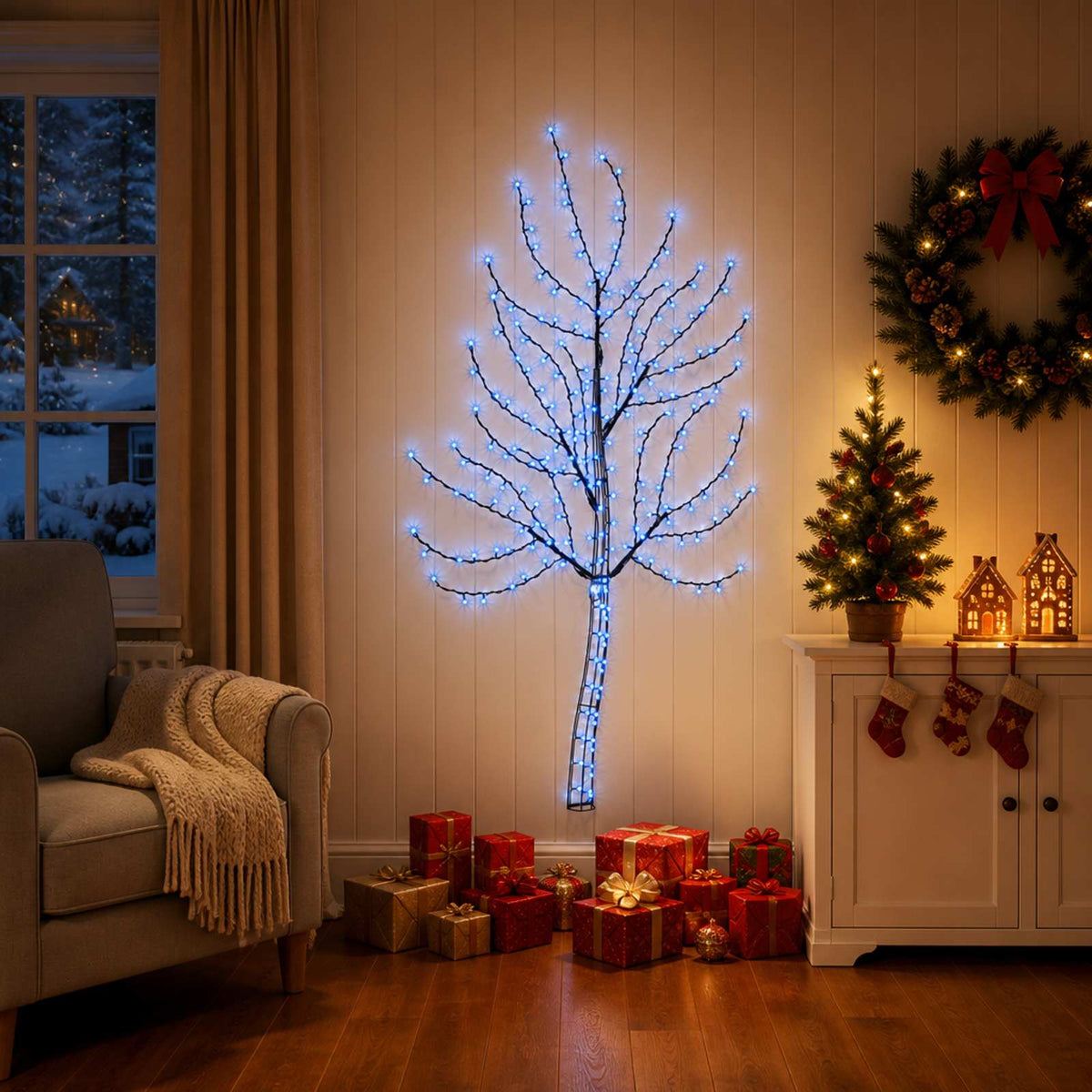 vidaXL LED Wall Christmas Tree 150 cm 140 LEDs Blue Steel Black