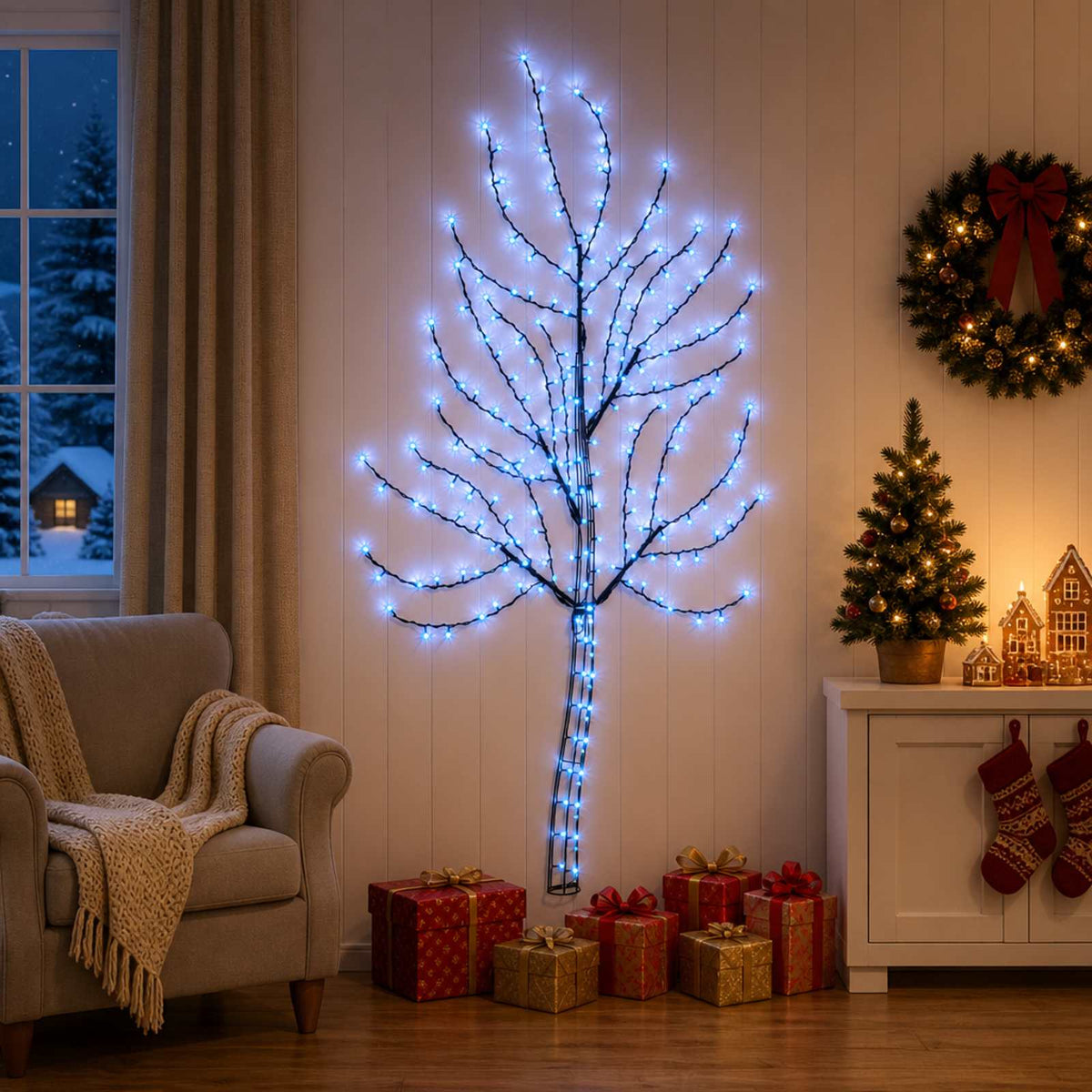 vidaXL LED Wall Christmas Tree 180 cm 200 LEDs Blue Steel Black
