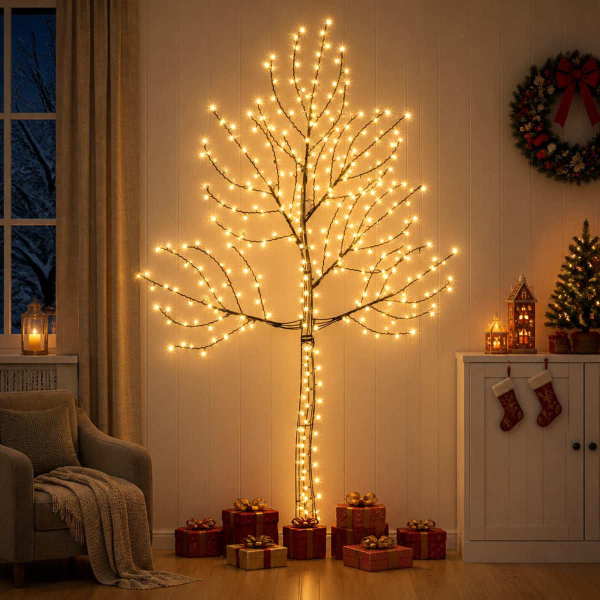 vidaXL LED Wall Christmas Tree 210 cm 312 LEDs Warm White Steel Black