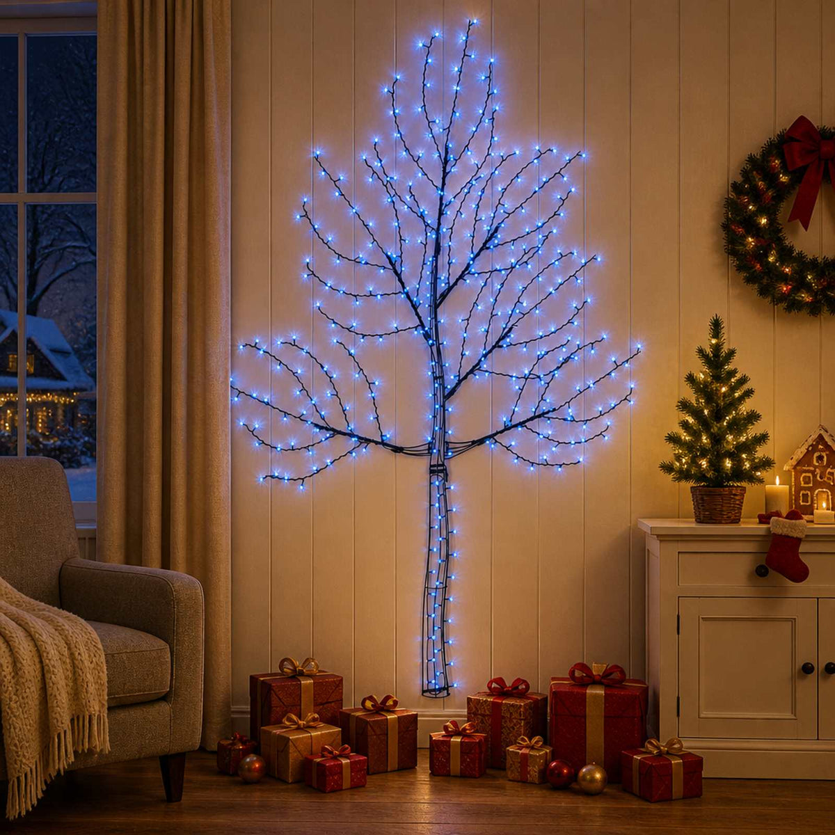 vidaXL LED Wall Christmas Tree 210 cm 312 LEDs Blue Steel Black