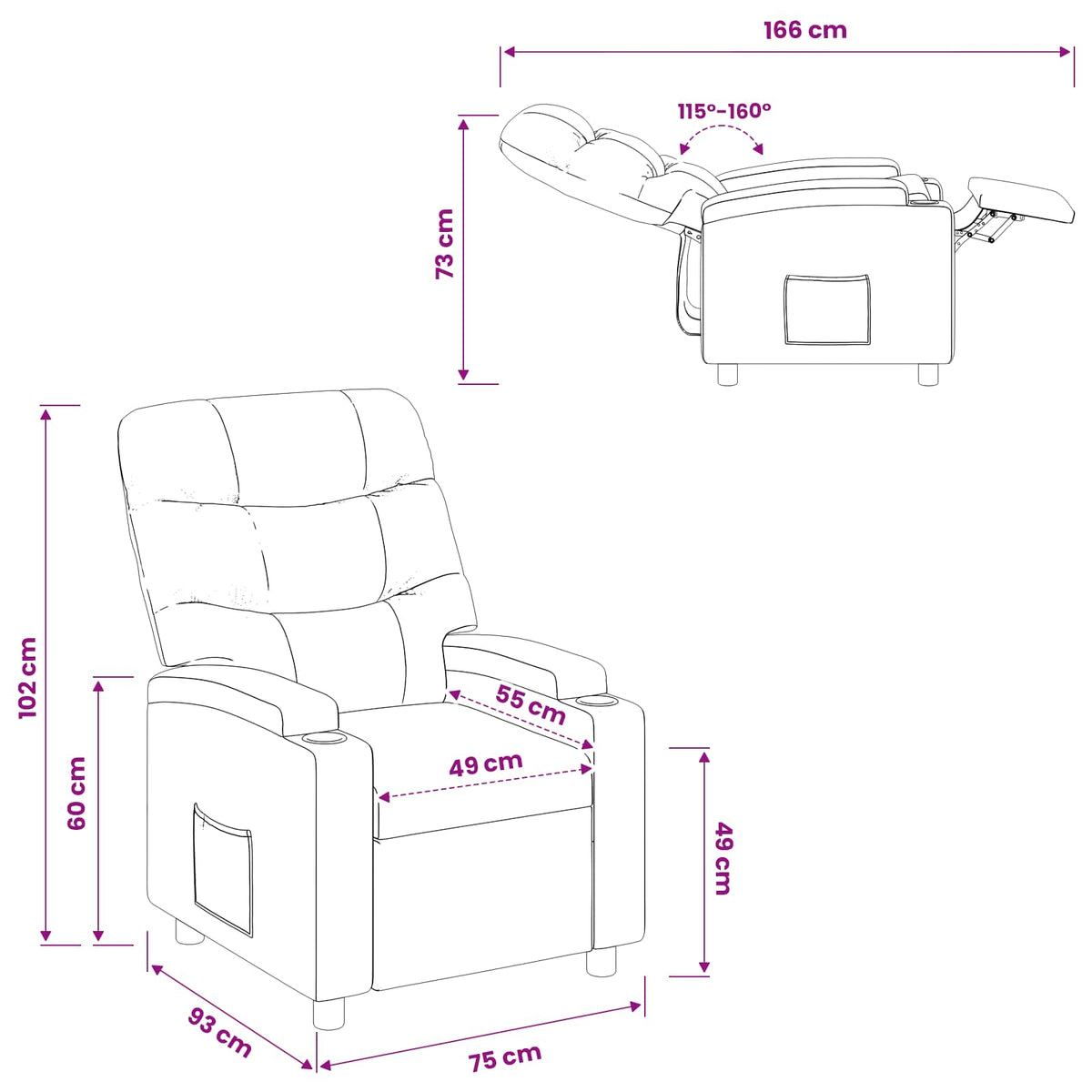 vidaXL Recliner Chair Dark Grey 75 x 93 x 102 cm Fabric