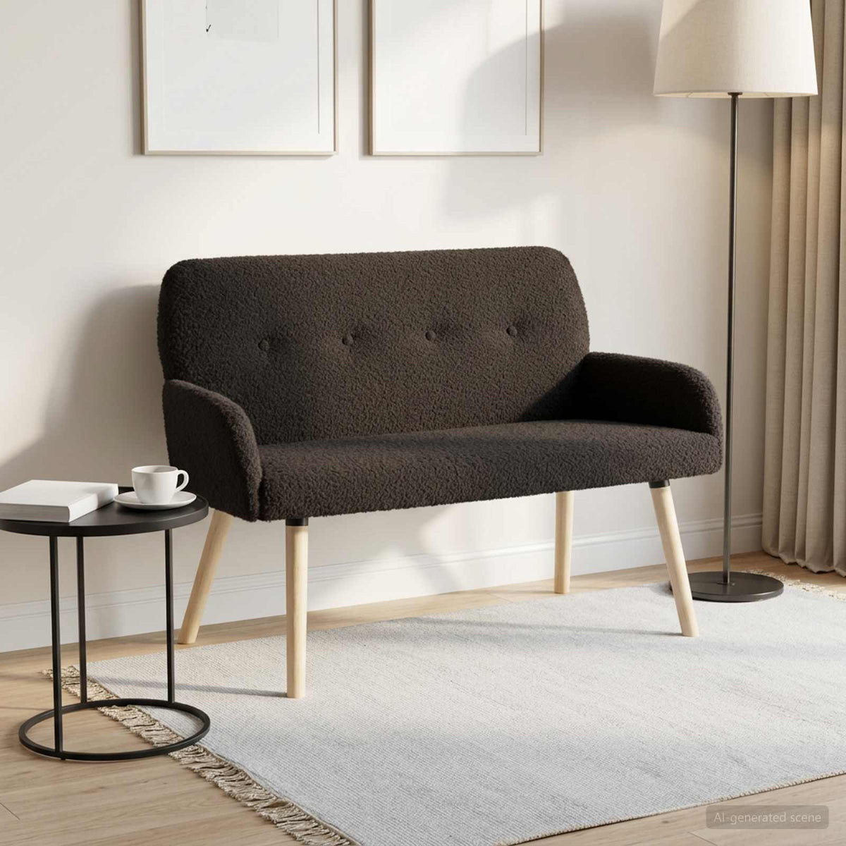 vidaXL 2 Seater Sofa with Solid Wood Legs Black Bouclé