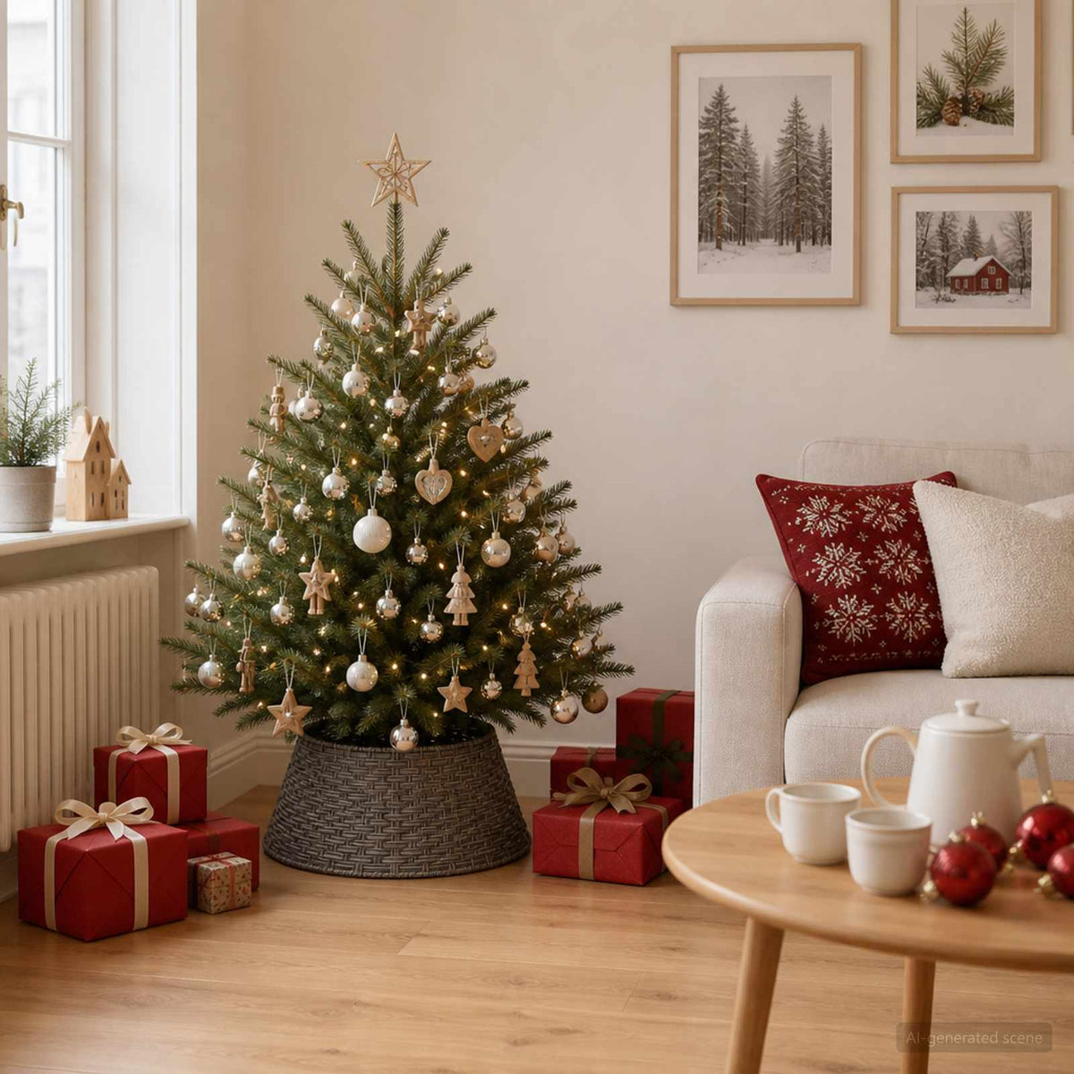 vidaXL Christmas Tree Collar Round Grey Dia. 45 x 22 cm Poly Rattan