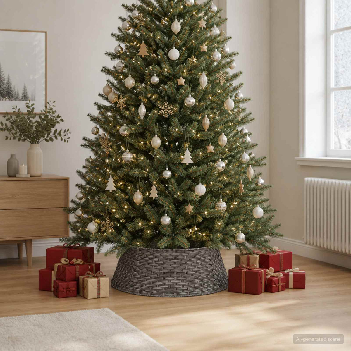vidaXL Christmas Tree Collar Round Grey Dia. 90 x 28 cm Poly Rattan