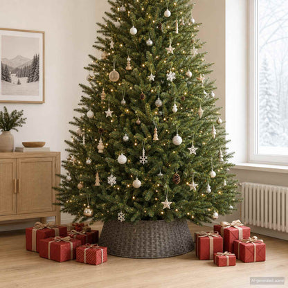 vidaXL Christmas Tree Collar Round Grey Dia. 105 x 28 cm Poly Rattan