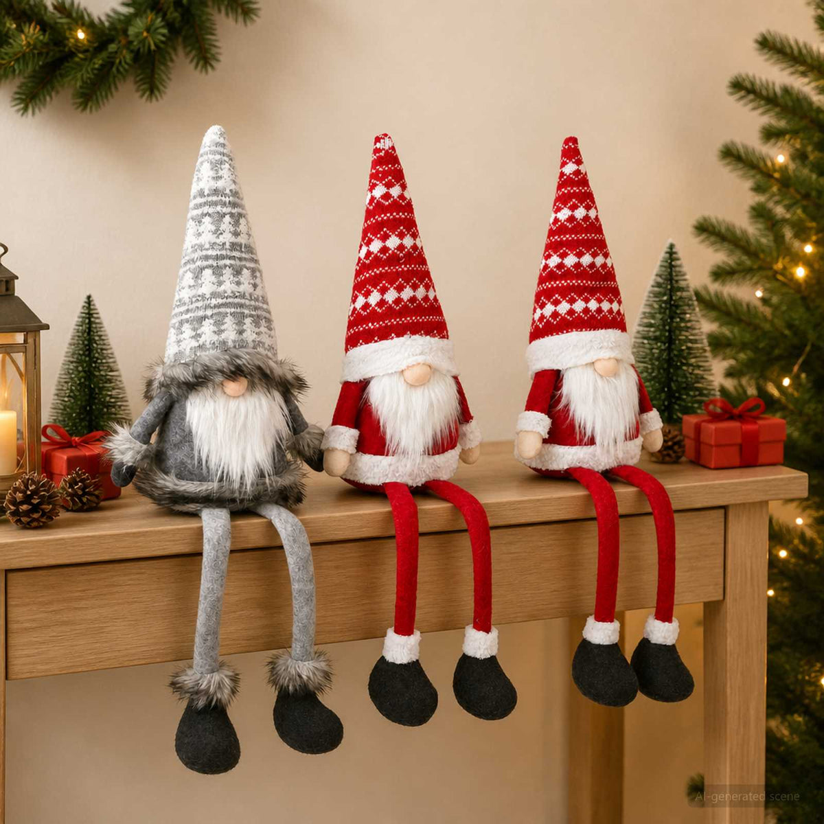 vidaXL Sitting Gnome Set with LED Light 3 pcs Red and Grey 20 x 60 cm