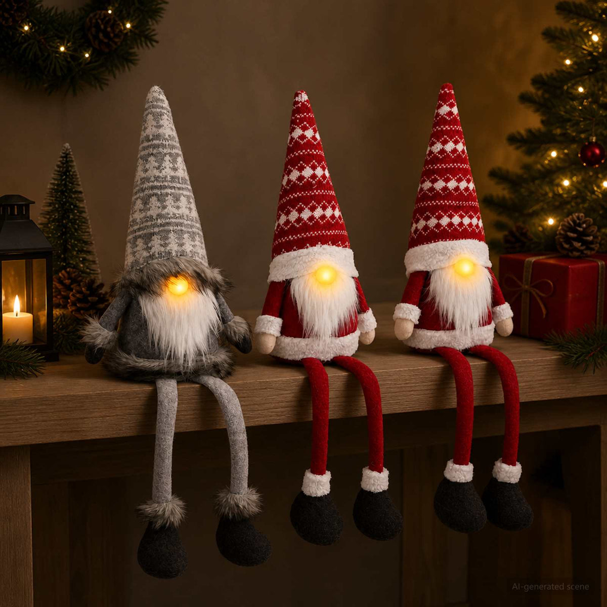 vidaXL Sitting Gnome Set with LED Light 3 pcs Red and Grey 20 x 60 cm