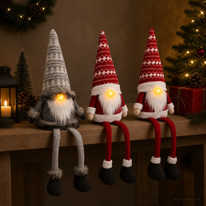 vidaXL Sitting Gnome Set with LED Light 3 pcs Red and Grey 20 x 60 cm