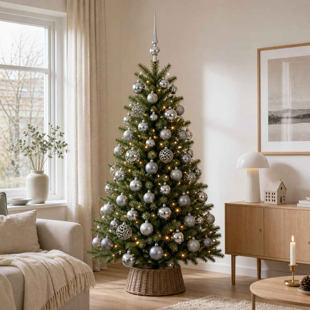 vidaXL Christmas Bauble Set 61 pcs Grey Dia. 6 cm Plastic 300 LEDs