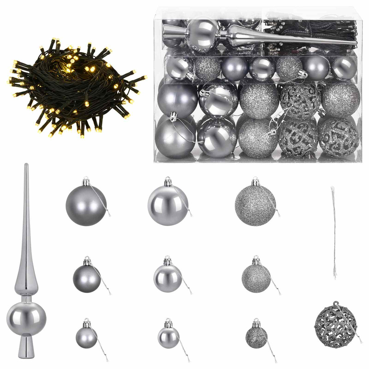 vidaXL Christmas Bauble Set 61 pcs Grey Dia. 6 cm Plastic 300 LEDs