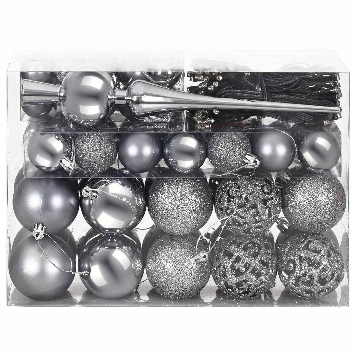 vidaXL Christmas Bauble Set 61 pcs Grey Dia. 6 cm Plastic 300 LEDs