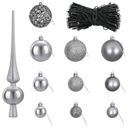 vidaXL Christmas Bauble Set 61 pcs Grey Dia. 6 cm Plastic 300 LEDs