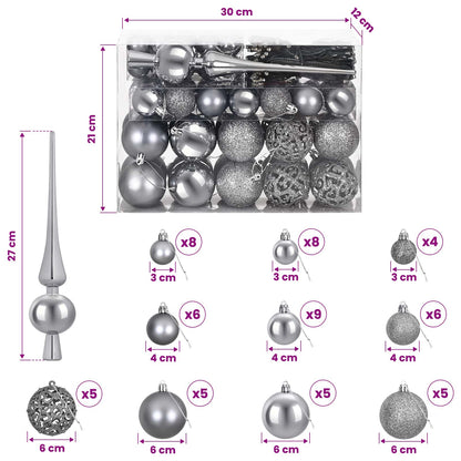 vidaXL Christmas Bauble Set 61 pcs Grey Dia. 6 cm Plastic 300 LEDs