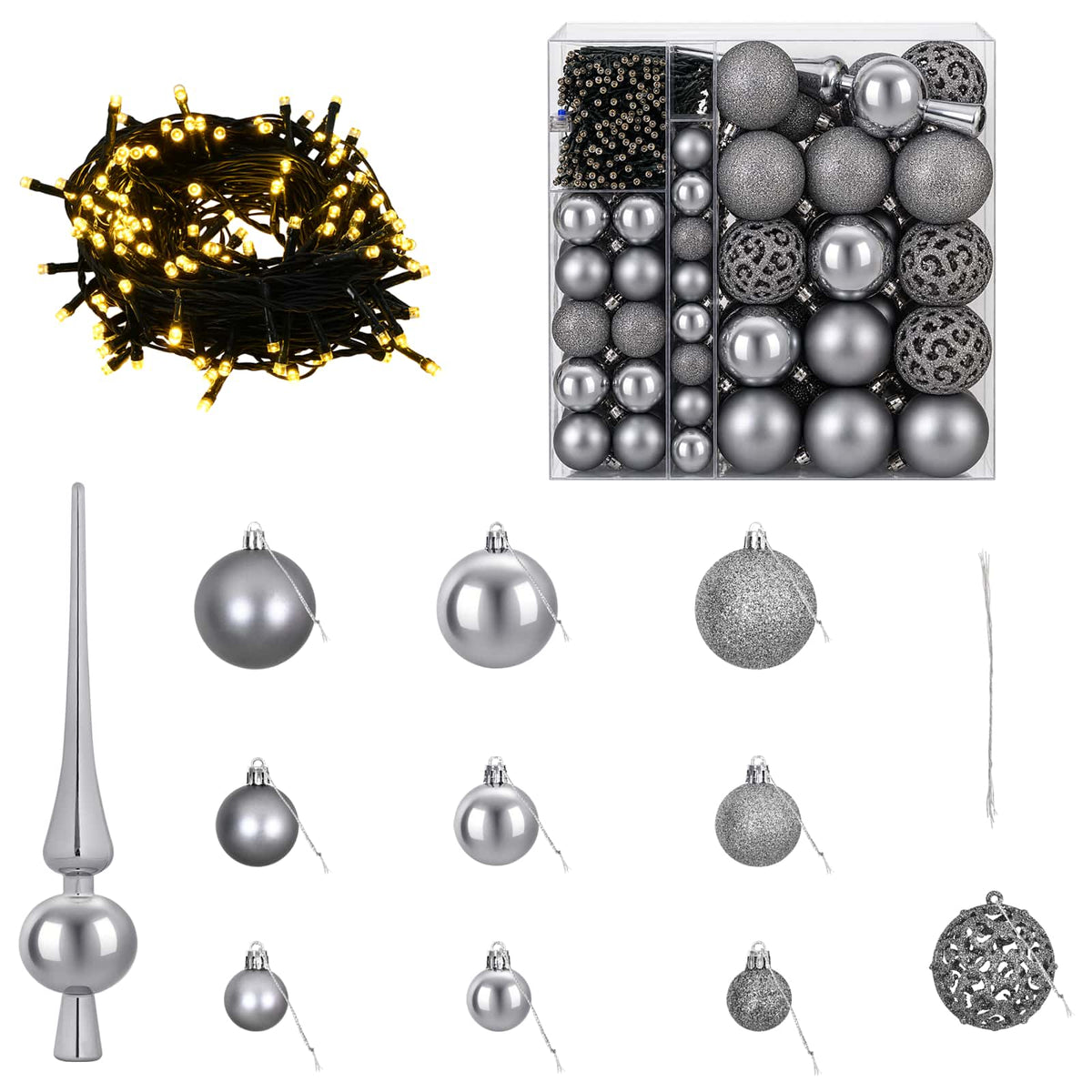 vidaXL Christmas Bauble Set 120 pcs Grey Dia. 6 cm Plastic 300 LEDs