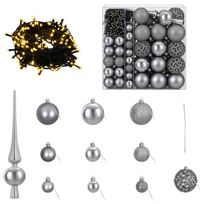 vidaXL Christmas Bauble Set 120 pcs Grey Dia. 6 cm Plastic 300 LEDs