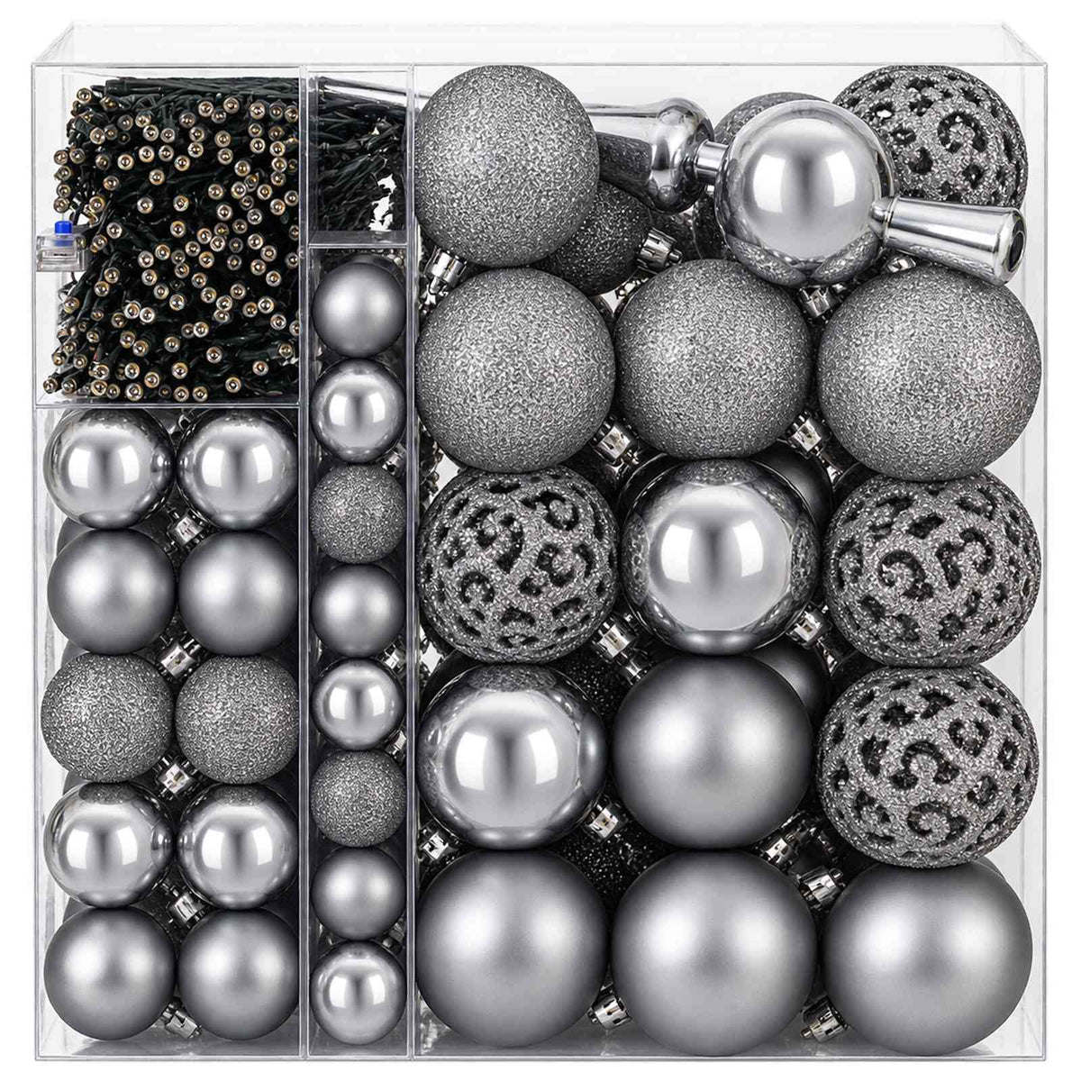 vidaXL Christmas Bauble Set 120 pcs Grey Dia. 6 cm Plastic 300 LEDs