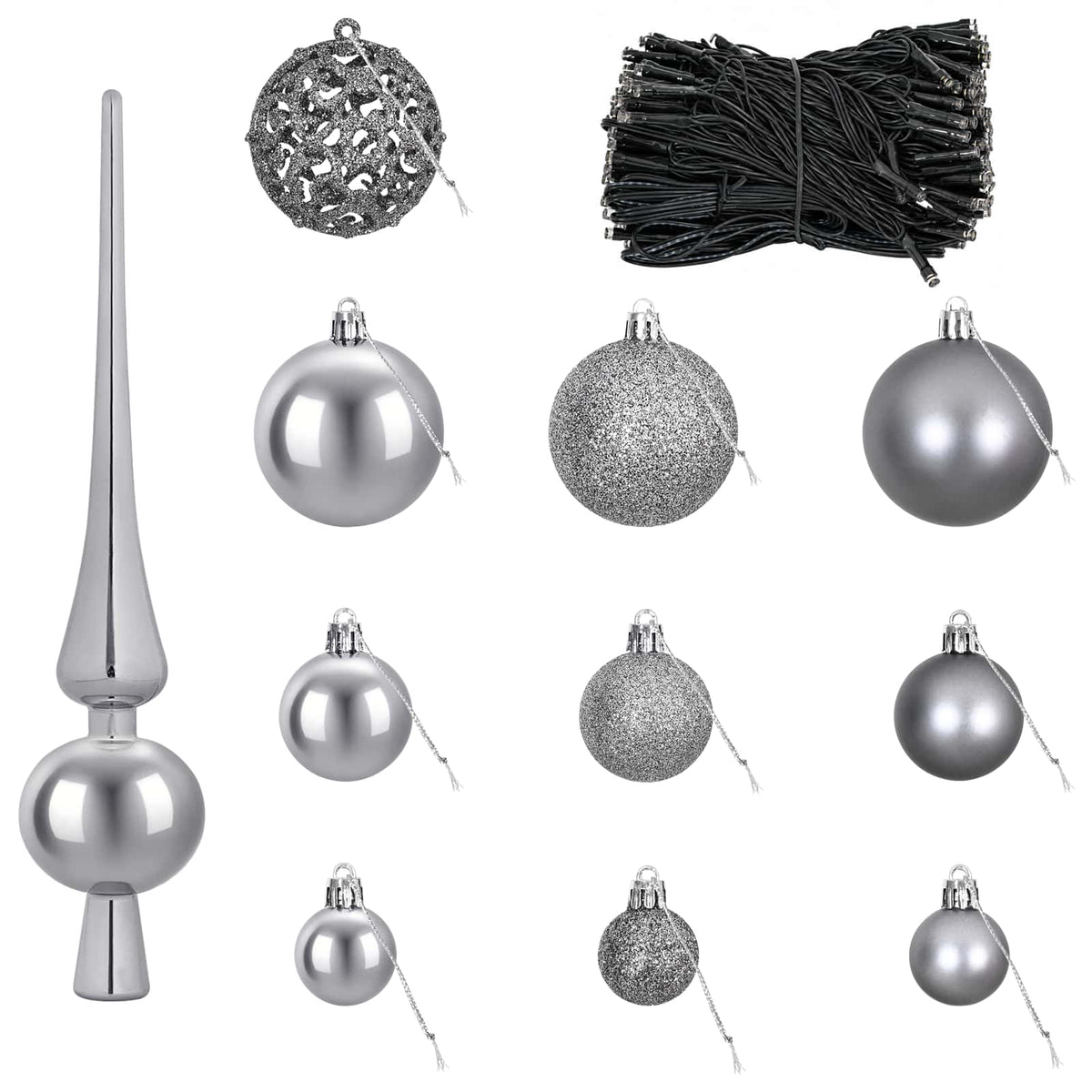 vidaXL Christmas Bauble Set 120 pcs Grey Dia. 6 cm Plastic 300 LEDs