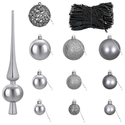 vidaXL Christmas Bauble Set 120 pcs Grey Dia. 6 cm Plastic 300 LEDs