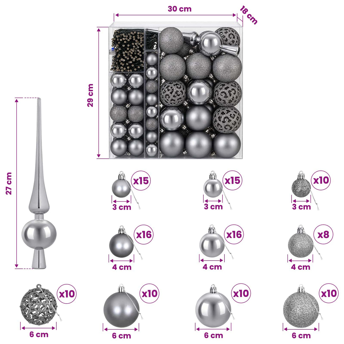 vidaXL Christmas Bauble Set 120 pcs Grey Dia. 6 cm Plastic 300 LEDs