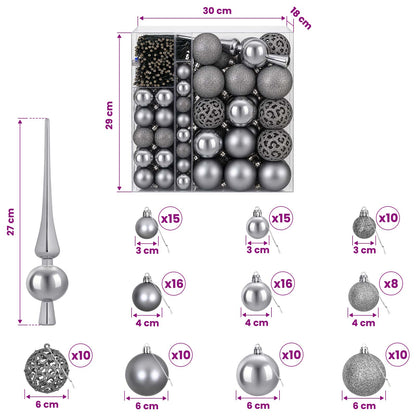 vidaXL Christmas Bauble Set 120 pcs Grey Dia. 6 cm Plastic 300 LEDs
