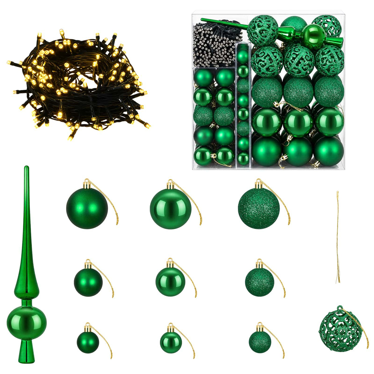 vidaXL Christmas Bauble Set 120 pcs Green Dia. 6 cm Plastic 300 LEDs