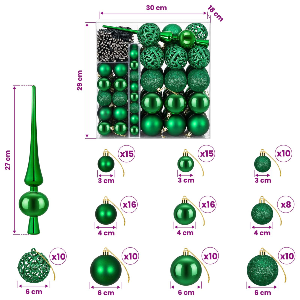vidaXL Christmas Bauble Set 120 pcs Green Dia. 6 cm Plastic 300 LEDs