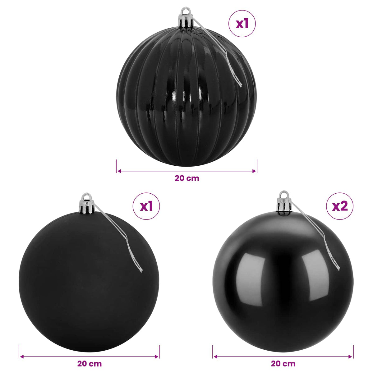 vidaXL Christmas Ball Set XXL 4 pcs Black Dia. 20 cm Plastic