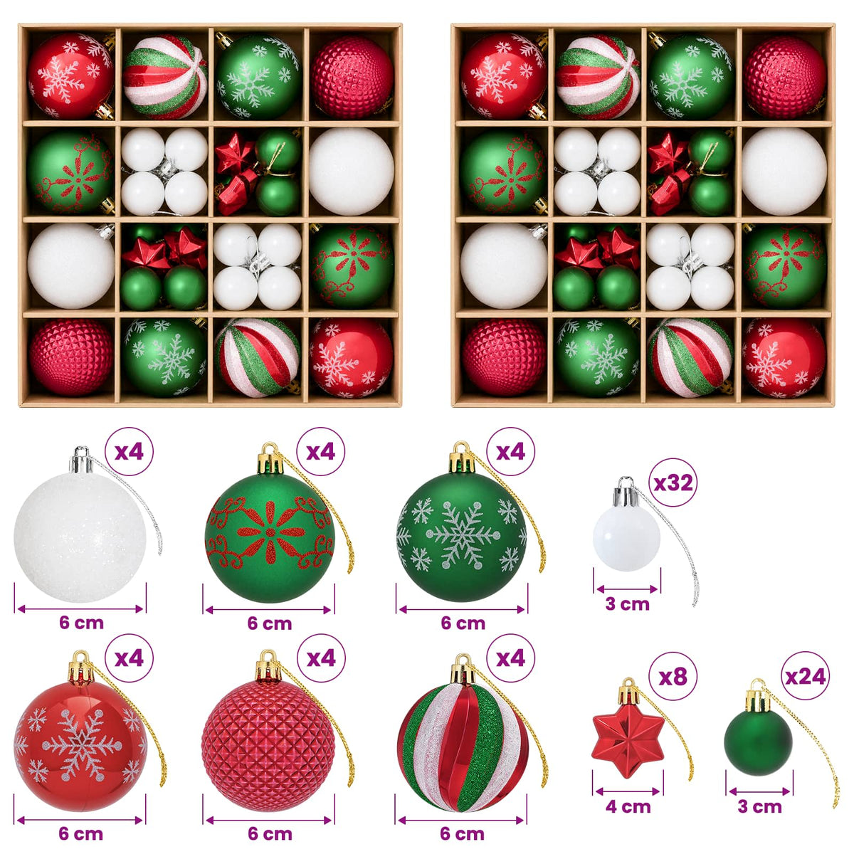 vidaXL Christmas Ball Set 88 pcs Red, Green and White Ø 6 cm Plastic