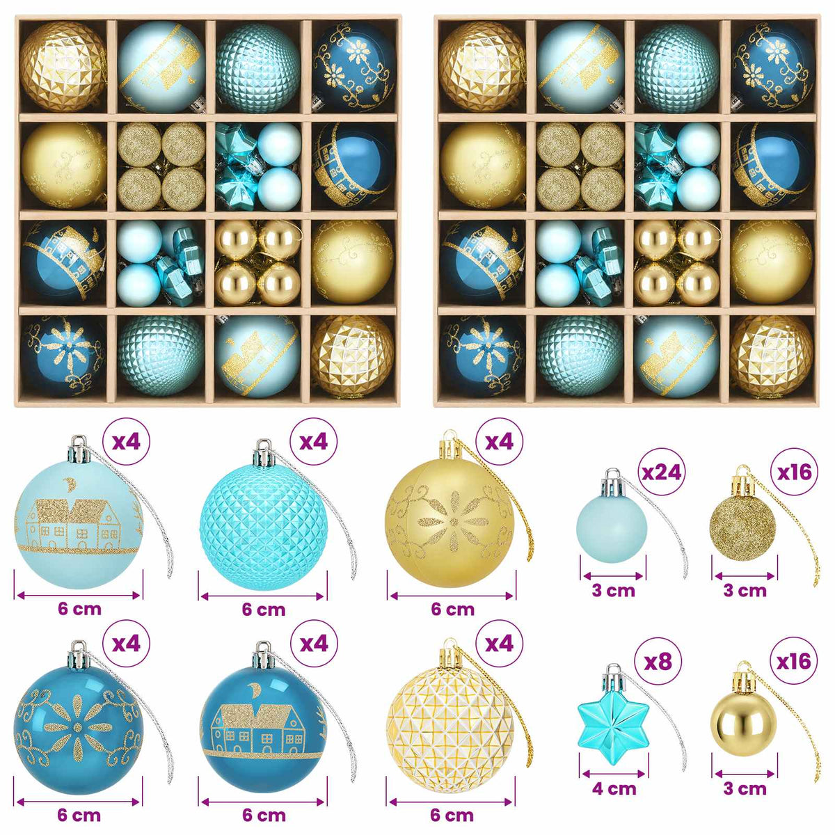 vidaXL Christmas Ball Set 88 pcs Dark Blue, Light Blue and Gold Ø 6 cm