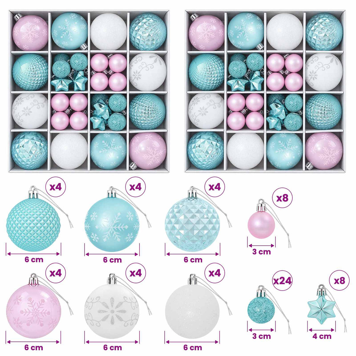 vidaXL Christmas Ball Set 88 pcs Turquoise, Pink and White Ø 6 cm