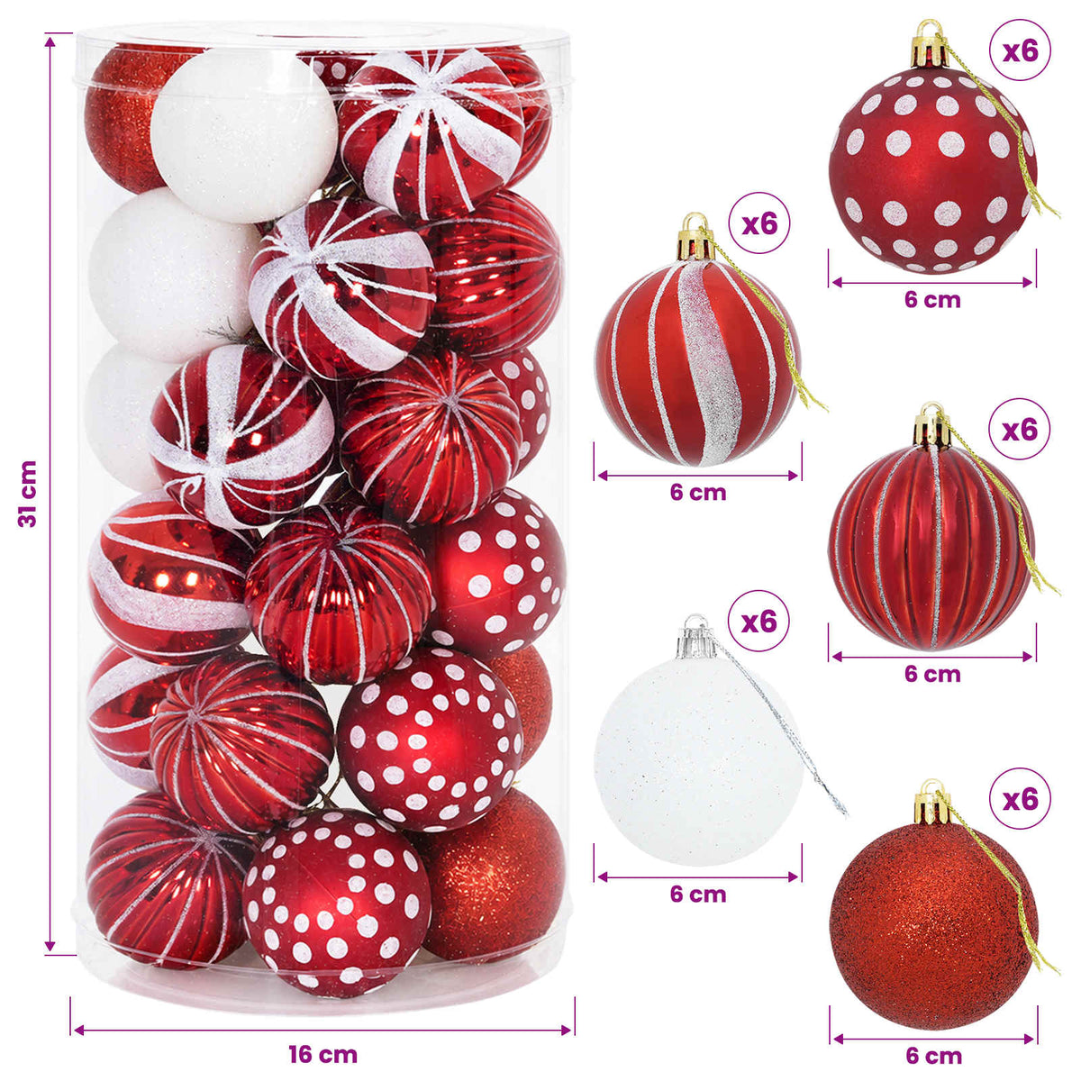 vidaXL Christmas Ball Set 30 pcs Red and White Ø 6 cm Plastic
