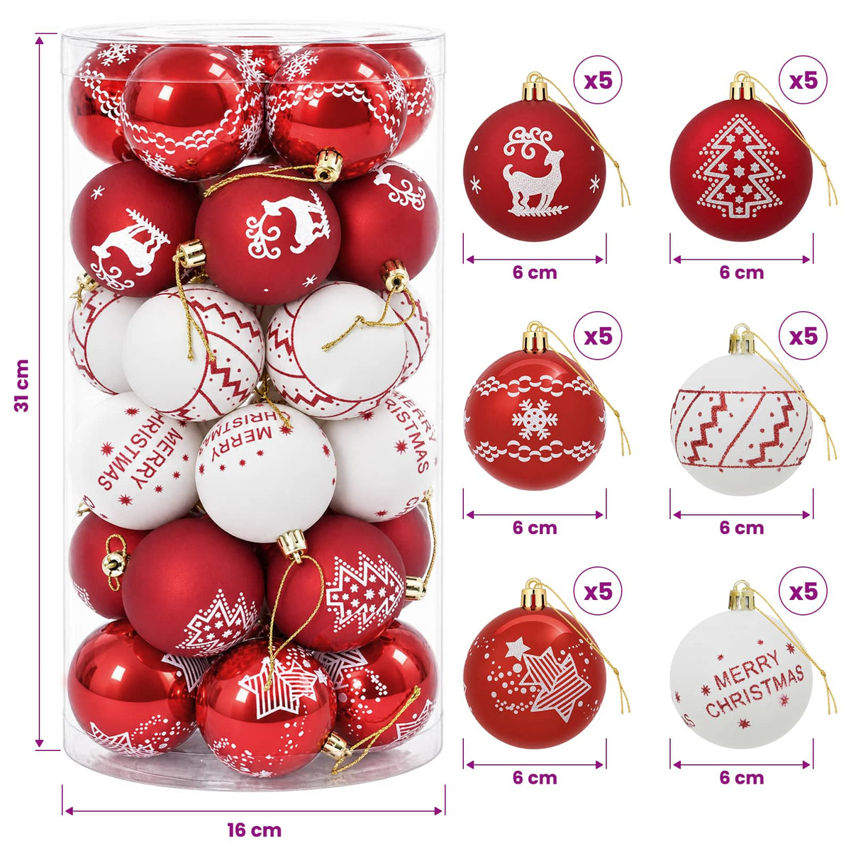 vidaXL Christmas Ball Set 30 pcs Red and White Ø 6 cm Plastic