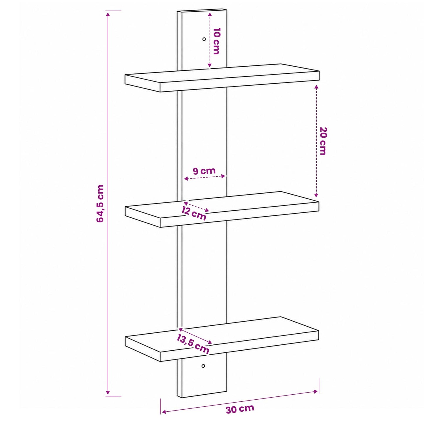 vidaXL Wall Shelf Black Oak 30 x 13.5 x 64.5 cm Engineered Wood
