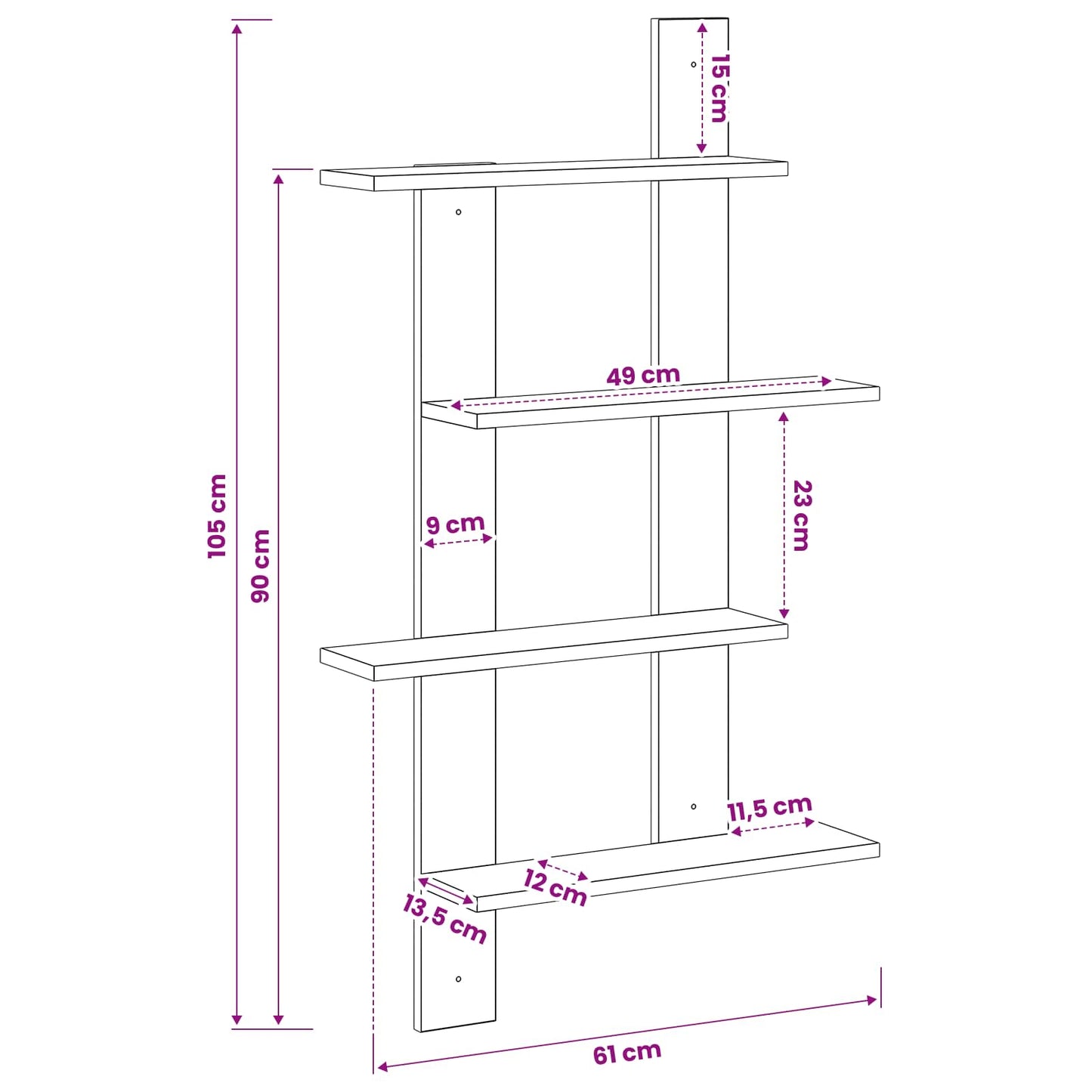 vidaXL Wall Shelf White 61 x 13.5 x 105 cm Engineered Wood