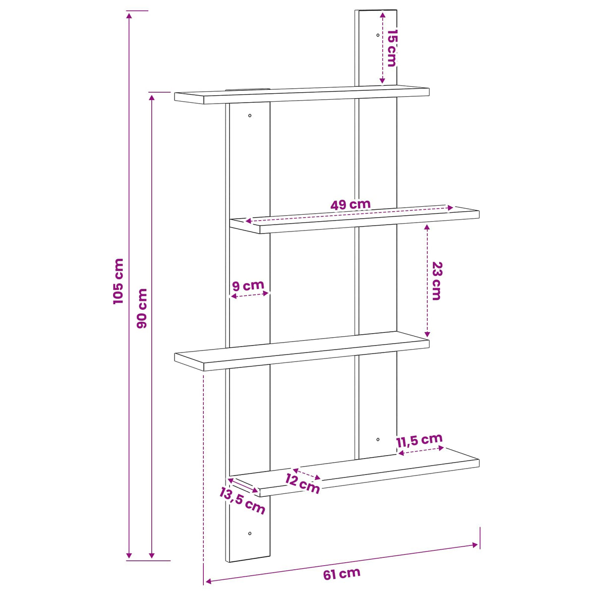 vidaXL Wall Shelf Concrete Grey 61 x 13.5 x 105 cm Engineered Wood