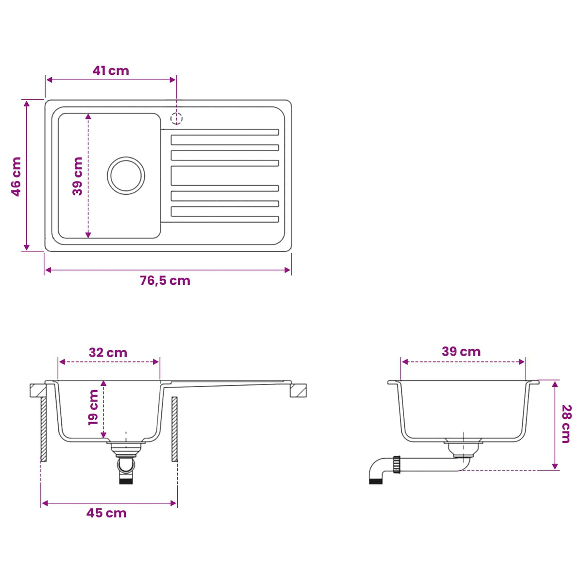 vidaXL Kitchen Sink with Drainer Granite 76.5 cm x 46 cm x 28 cm
